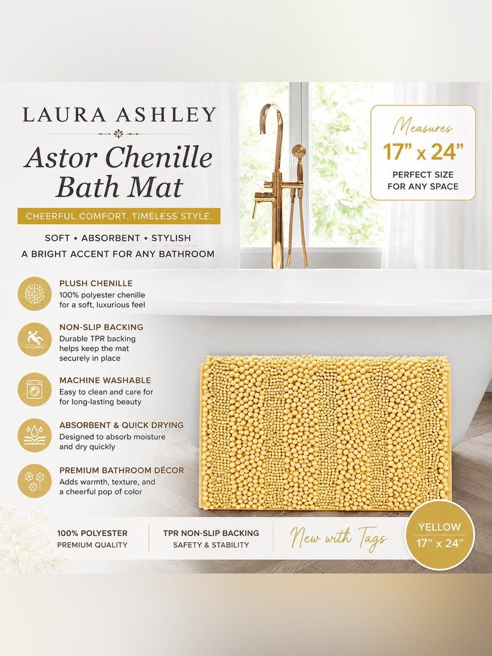 Laura Ashley Astor Chenille Bath Mat 17x24 Yellow Non-Slip Machine Washable NWT